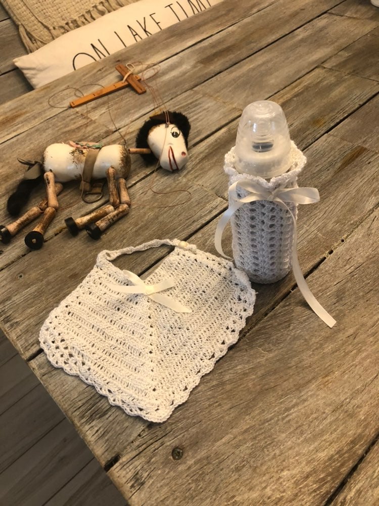 Handmade bib bottle warmer and headband