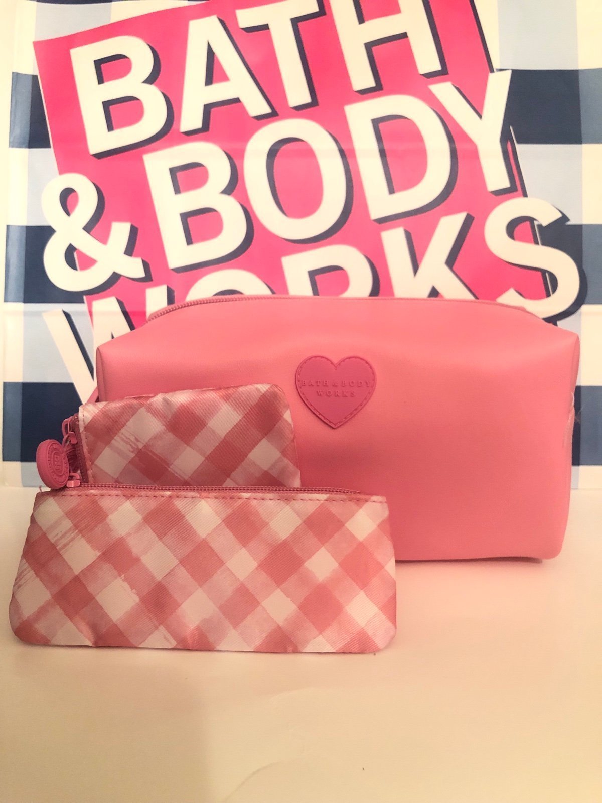 Bath & Body Works Pink Gingham Cosmetic Tote Bag W/ Two Pouches