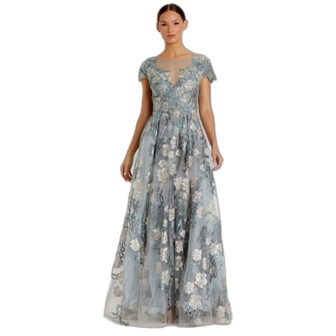 Mac Duggal style 20294 Green Floral Embroidered Short Sleeve Gown size 8