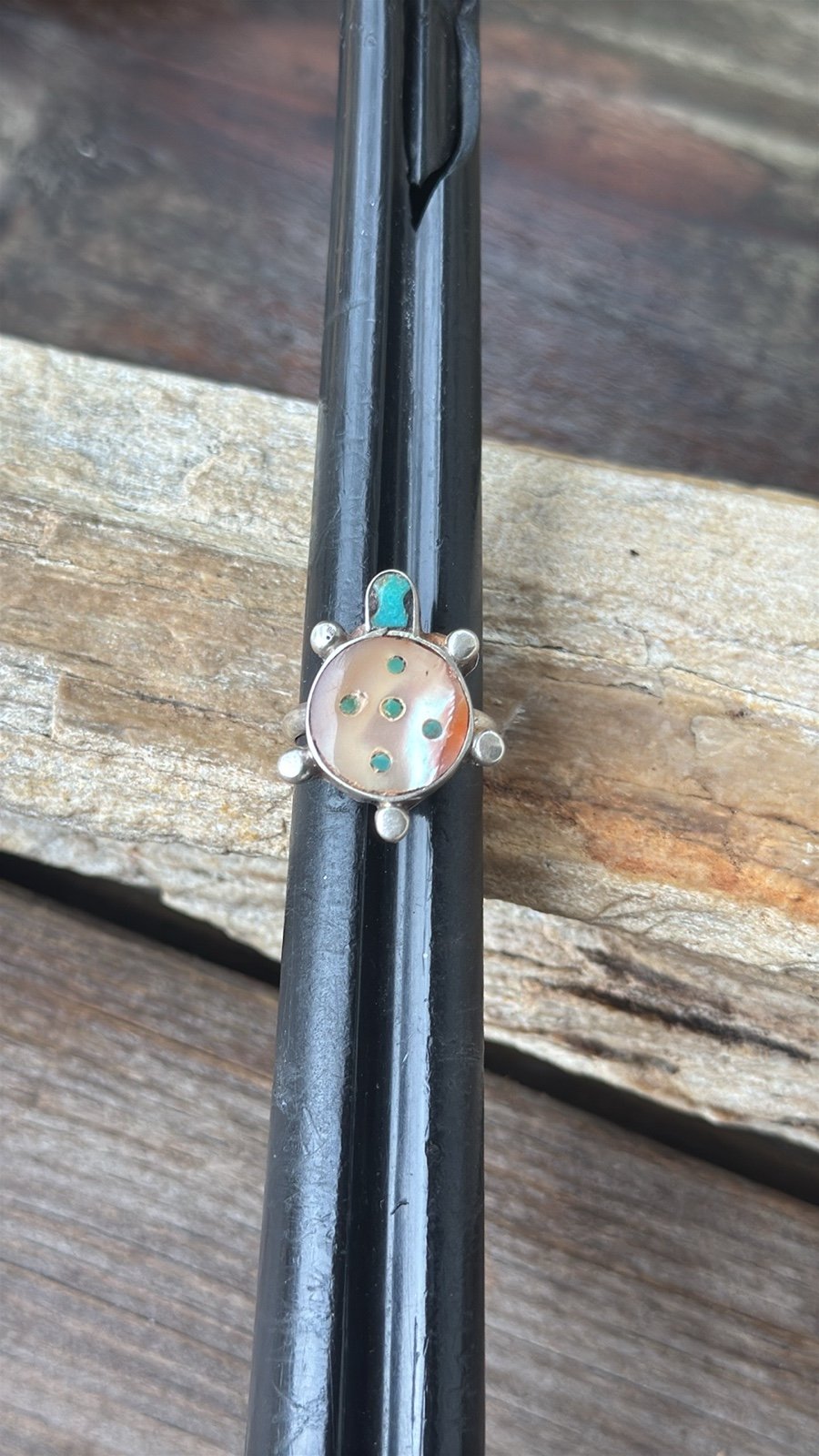 Native American Sterling Turtle Ring with Mother of Pearl & Turquoise inlay