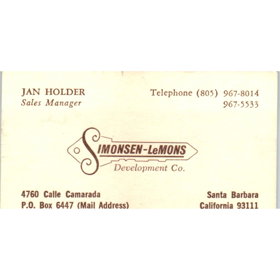 Jan Holder Simonsen-LeMons Development Co Santa Barbara CA Business Card SD8-B3