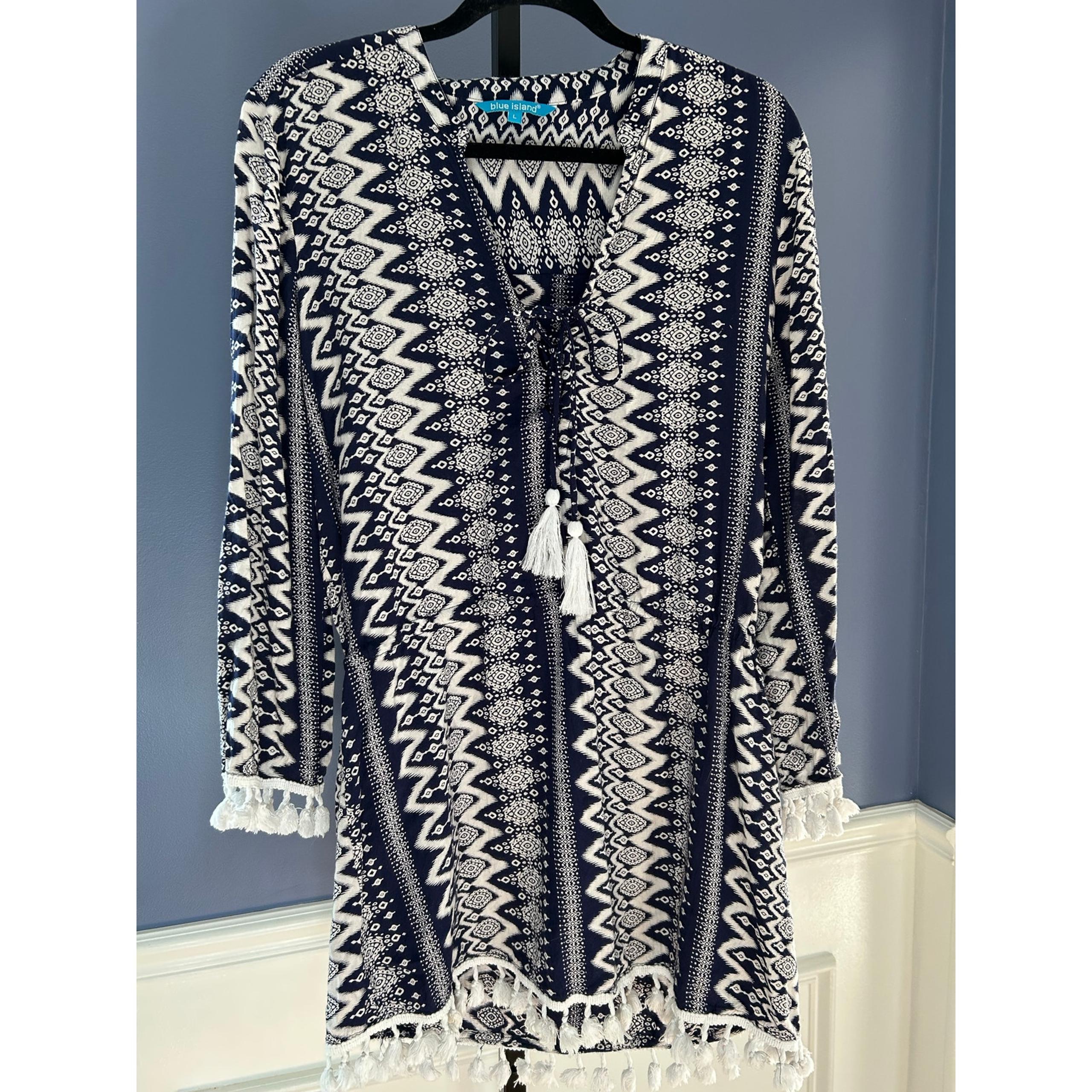 Blue Island Navy and White SWIM coverup- Size Large drawstring waist tassels