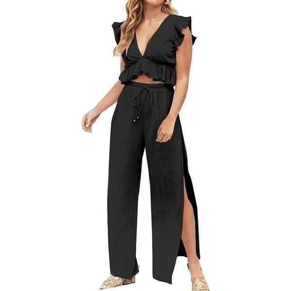 NEW 2 Pc Set Deep V Neck Crop Top Side Slit Drawstring Wide Leg L