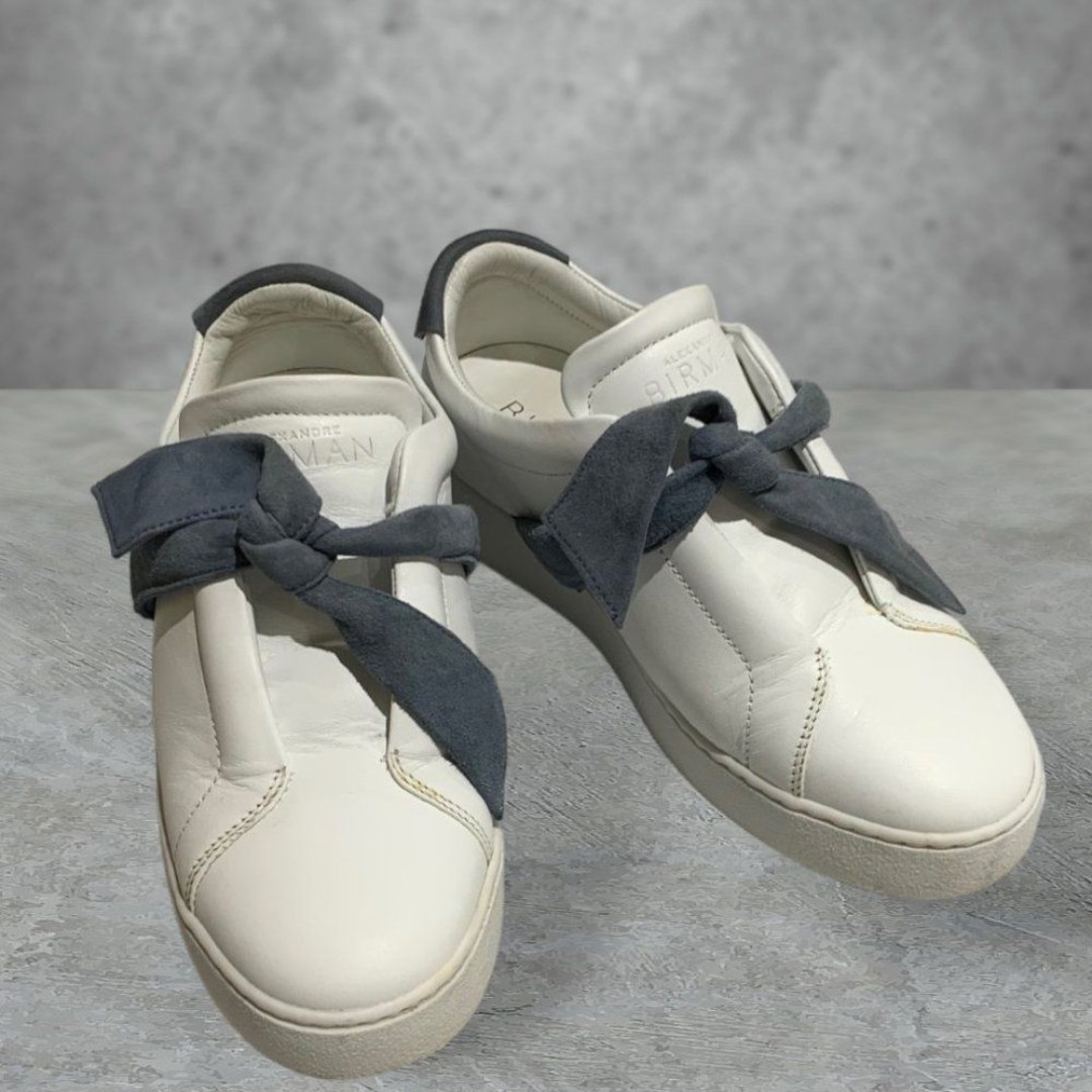 Alexandre Birman Clarita Bow Leather Sneakers White/Grey Velvet Bow Size EU 35