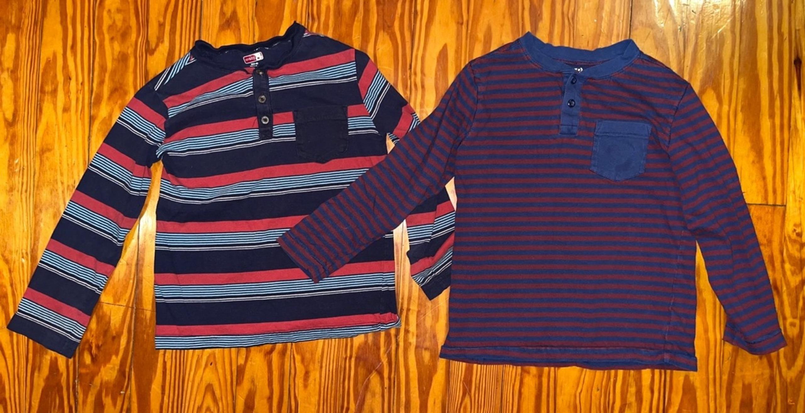 Boys Long Sleeve Henley Shirt Bundle - Striped Blue Red Tops Size 7/8, Lot Of 2