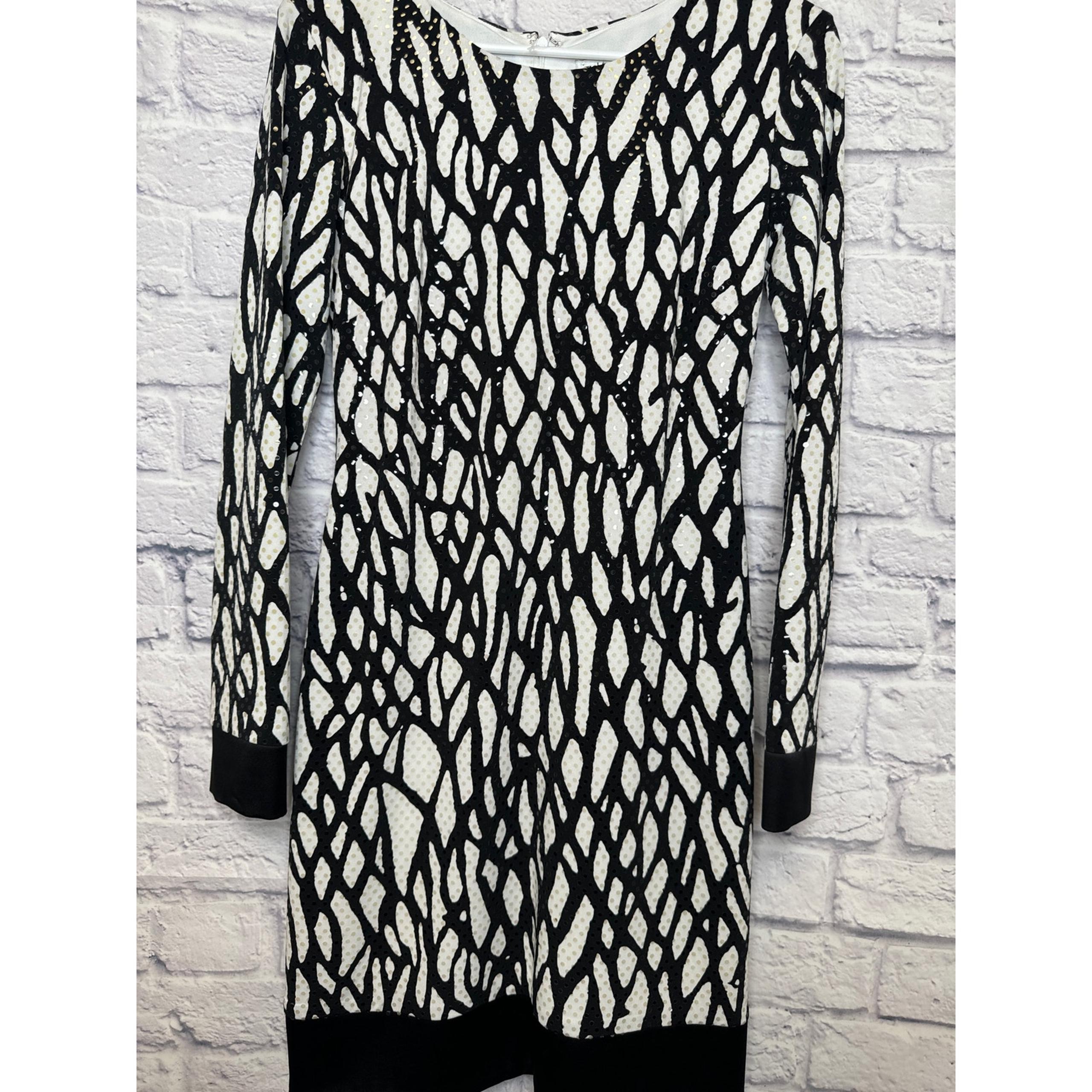 CACHE Black and White Long Sleeve Dress with Sequin Overlay Banded Hem/Cuff SZ 4