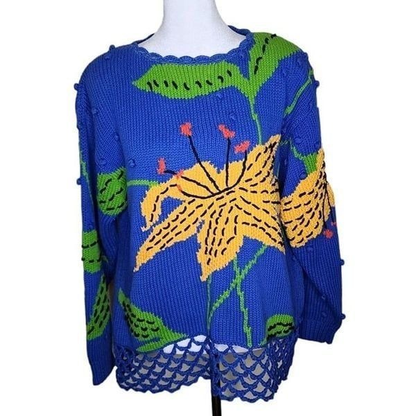 Vintage 80s Hand Knit Floral Sweater Womens Size S Blue Tiger Lily Cotton