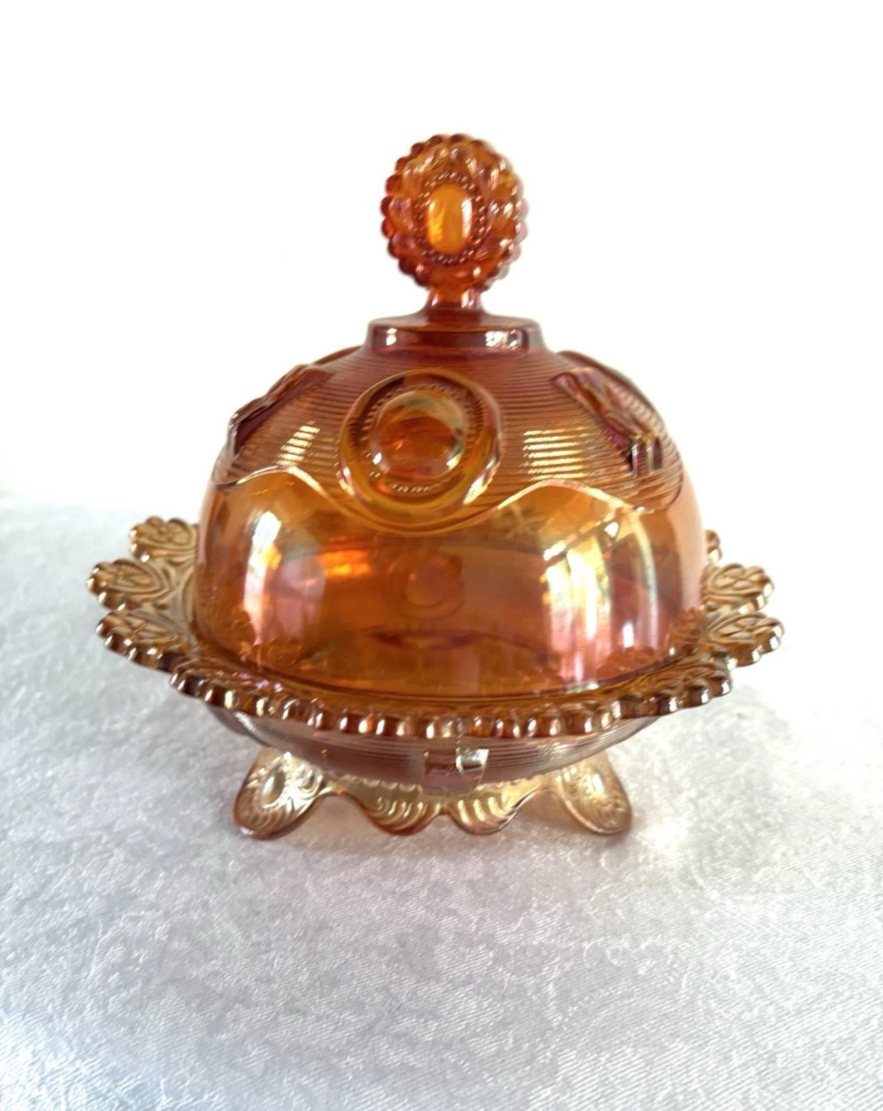 Vintage Carnival Glass Covered Dish – Amber Iridescent – 7” Diameter