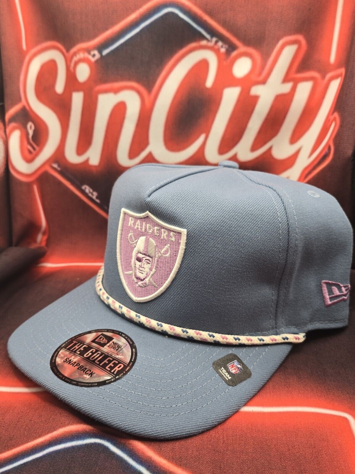 Las Vegas Raiders New Era The Golfer Blue Pink Rope Snapback Hat Pastel Punch