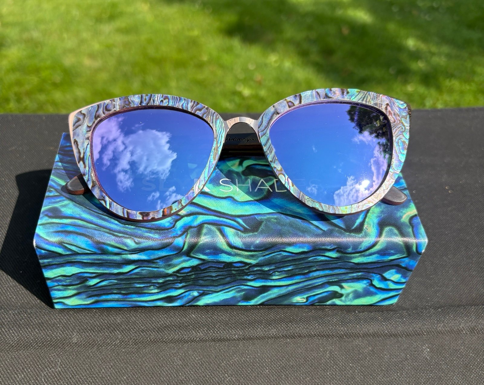 SLYK Shades Bombshell Abalone Shell Cat Eye Polarized Sunglasses Wood Purple