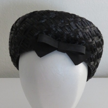 Vintage 1950s Black Straw Pillbox Women's Hat