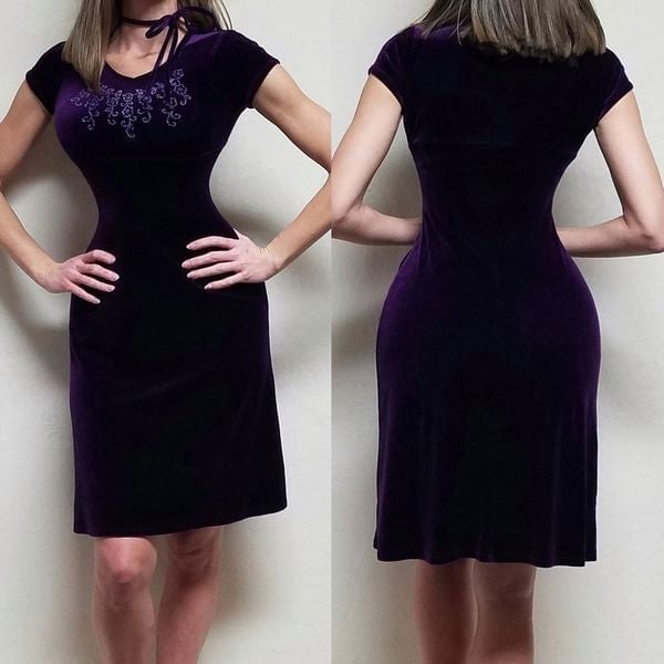 Vintage 90s My Michelle Purple Velvet Cap Sleeve Babydoll Dress Choker Necklace