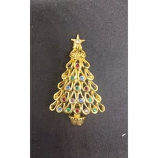Christmas Tree Pin Gold Tone Red Green Enamel, Christmas Jewelry