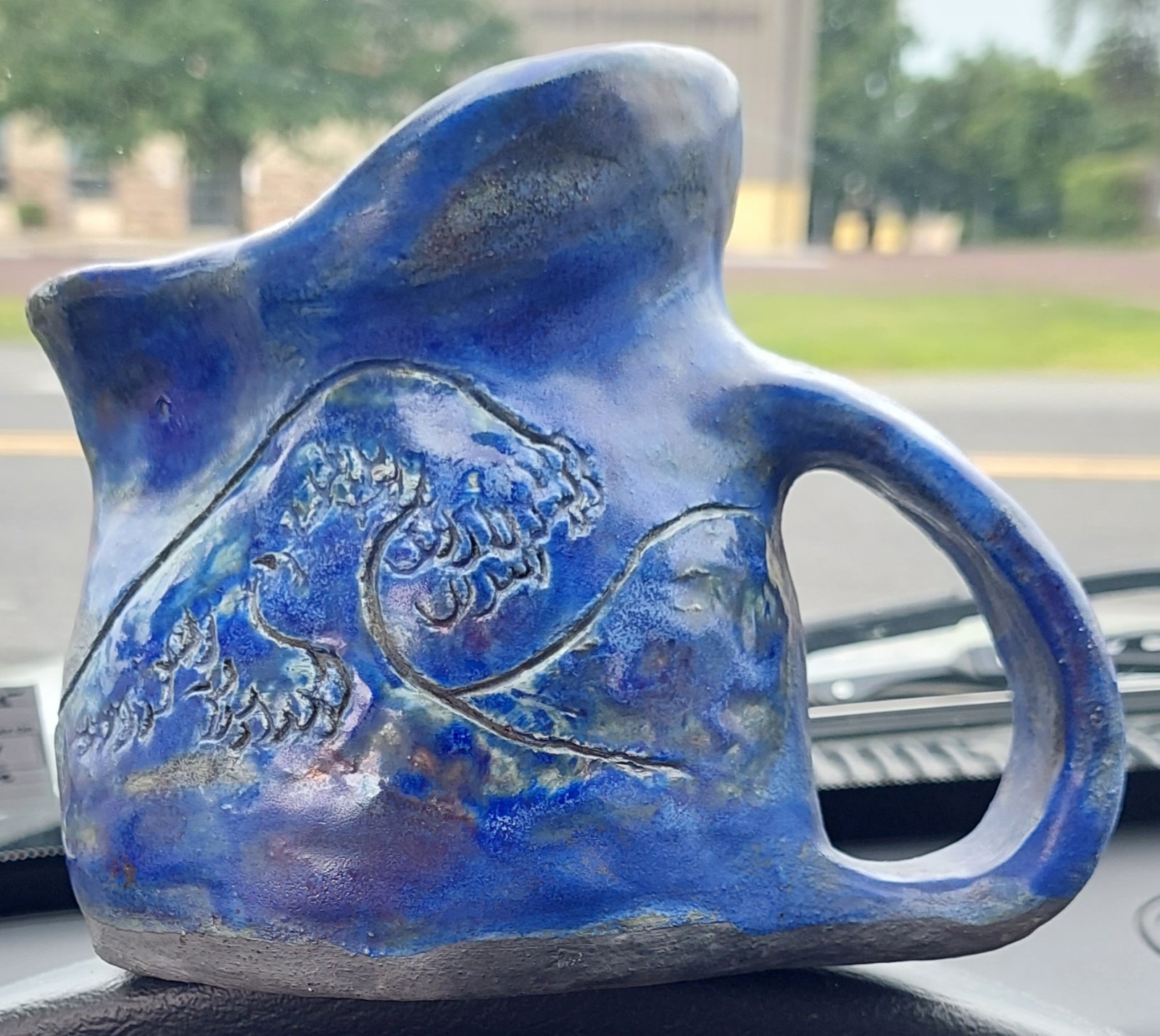Asian Art Pottery Cobalt Blue Iridescent Wave Creamer Picher Signed 1 Of A Kind