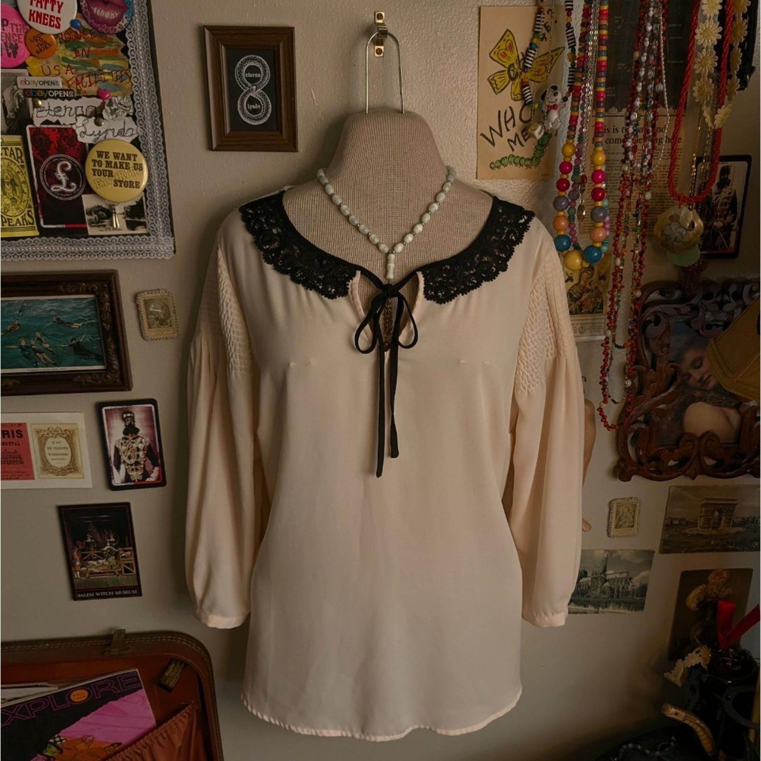 Disney Lace Collar Puff Sleeve Blouse Women's Large Pink Black Lauren Conrad