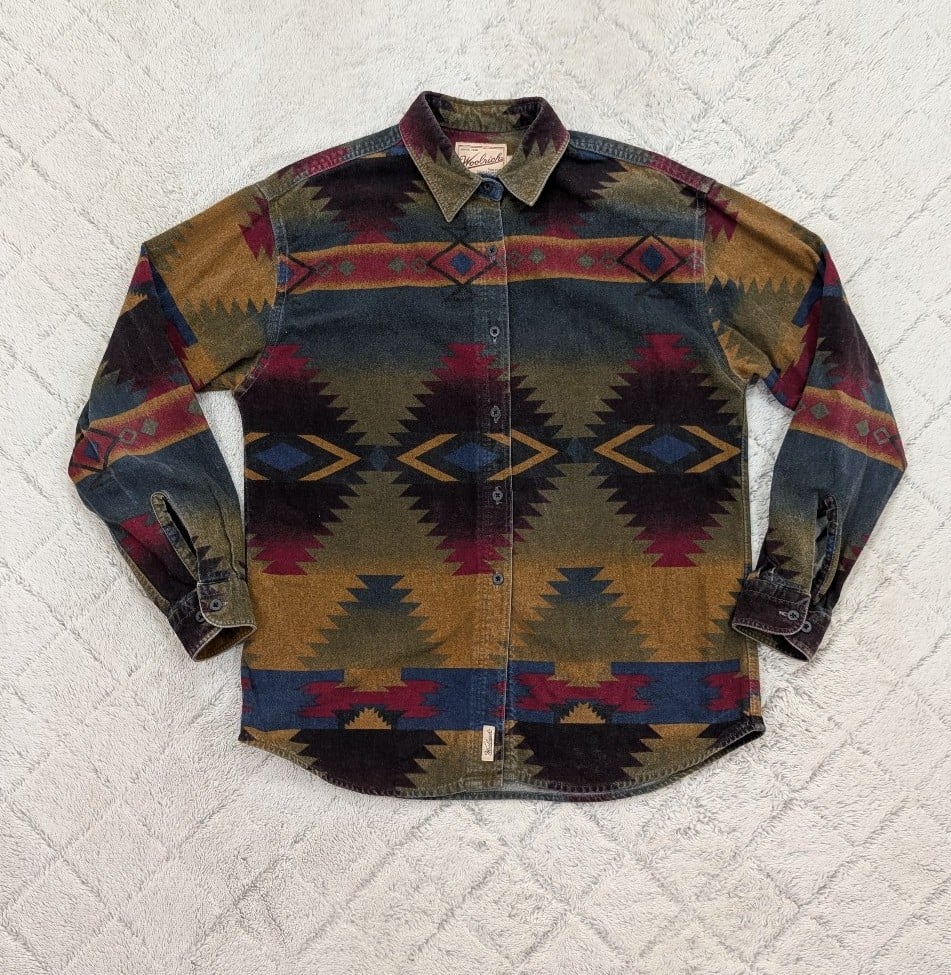 Woolrich Shirt Adult M Green Beige Blue Aztec Western Button Up Brush Cotton Men