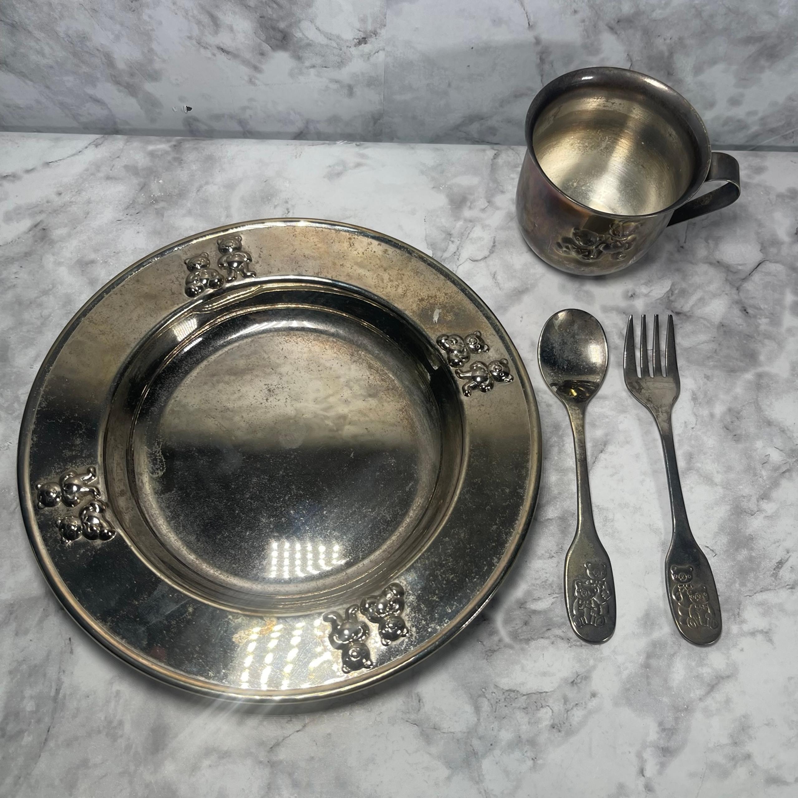 Vintage Godinger Silver Plated Bear Themed Children's Dinnerware Set Plate Cup