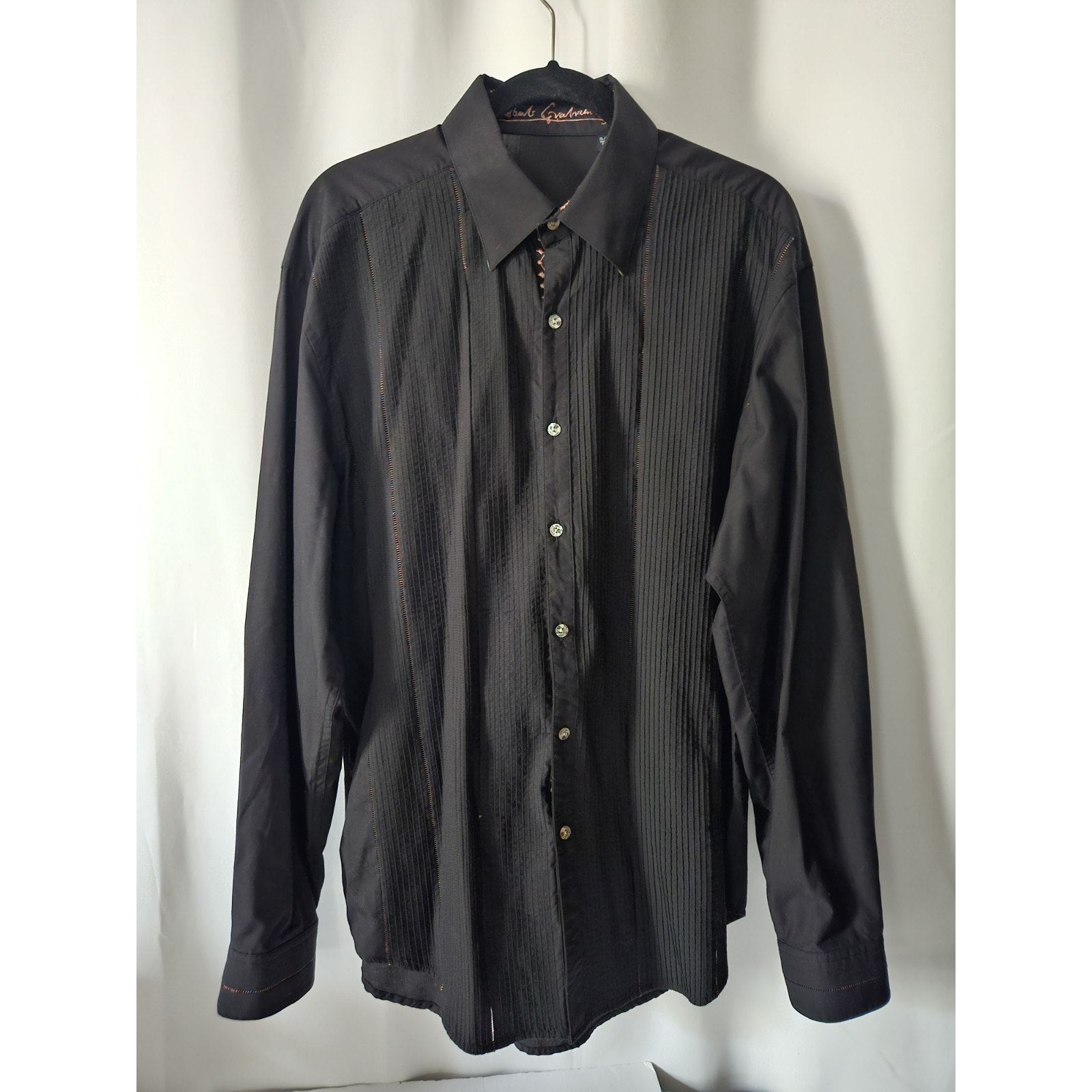 ROBERT GRAHAM Men’s Black Pleated Long Sleeve Embroidery Cuff Dress Shirt XL