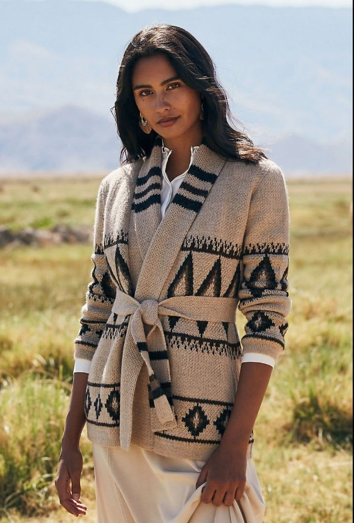 Overland Alpaca Sylvia Southwestern Shaw Collar Open Front Belted Sweater Aztec