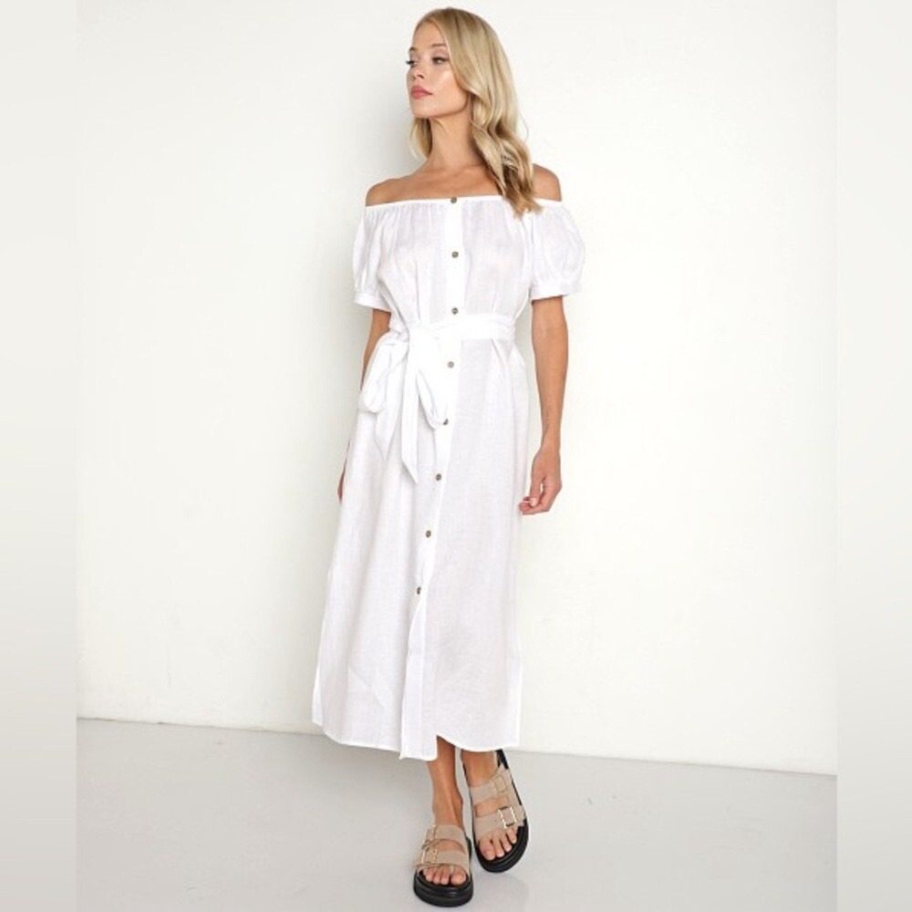 Eberjey Women's Small 100% Linen Harper Dress White Midi Button Front Belted