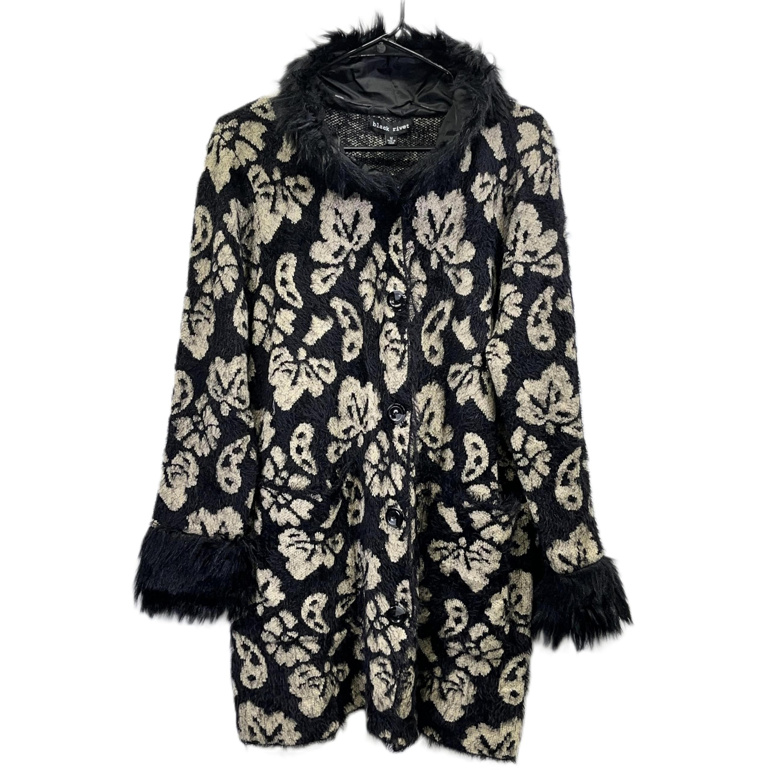 NWT Black Rivet Womens Black Taupe Paisley Faux Fur Trim Button Up Sweater Med