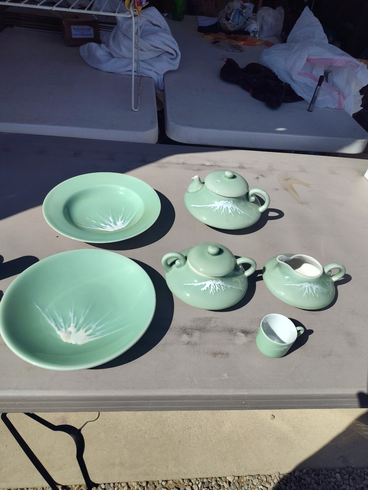 Vintage Celadon Mt Fuji Japanese Nabeshima Porcelain Tea and Plate Set: