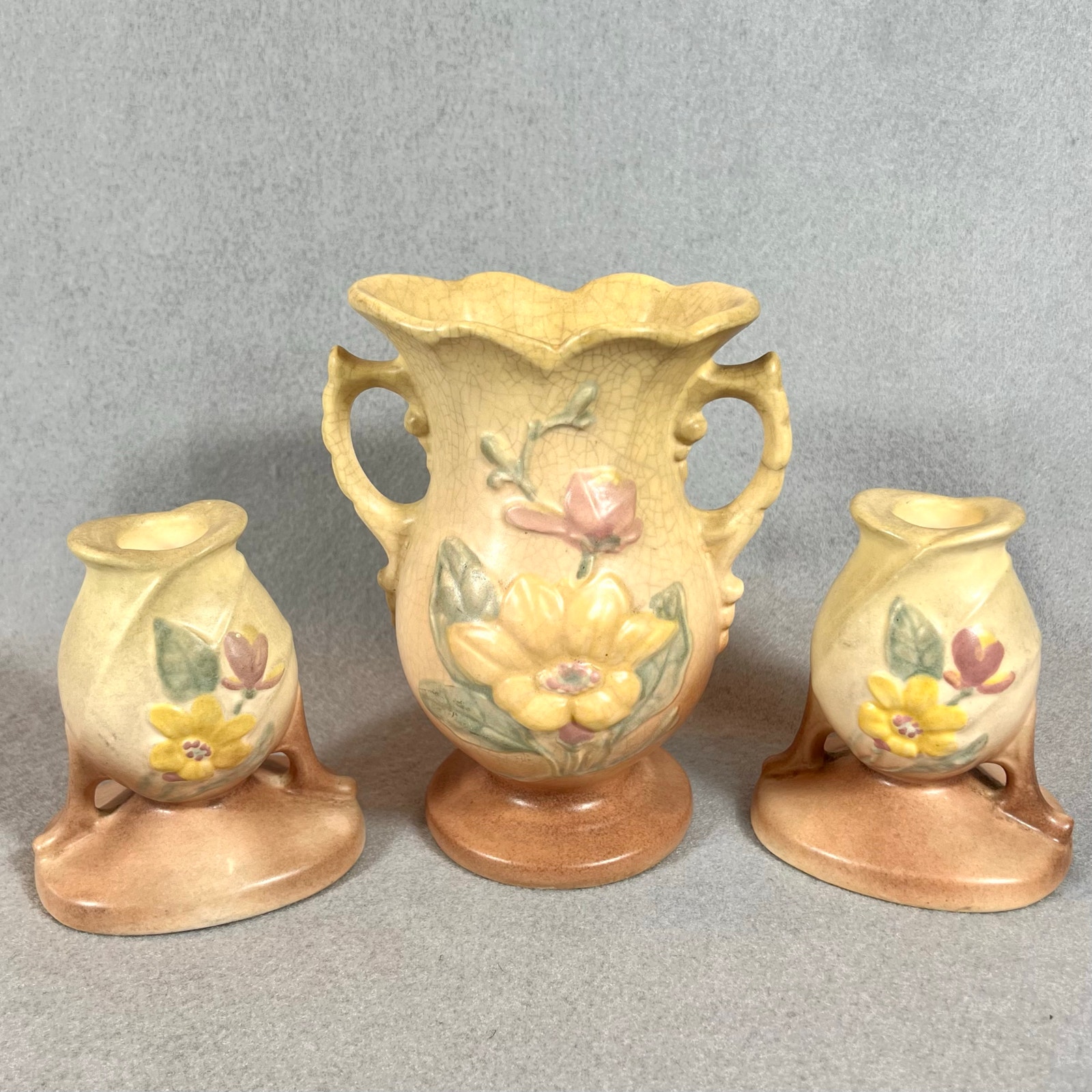 Vintage Hull Art Pottery Magnolia Vase & Candlestick Holders Set