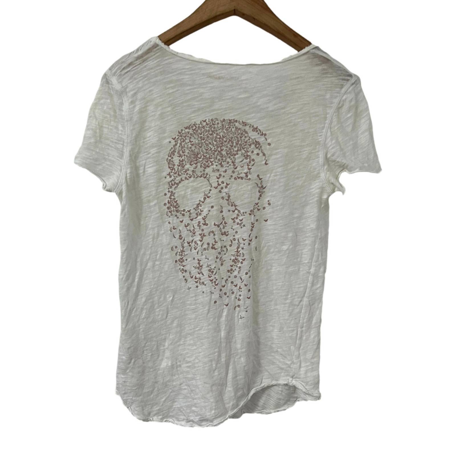 Zadig & Voltaire Tino Flamme White V-Neck T-Shirt Skeleton Back Size Medium EUC