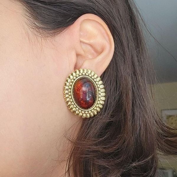 Vintage Oversized Brown Irridescent Gemstone Clip-On Stud Earrings