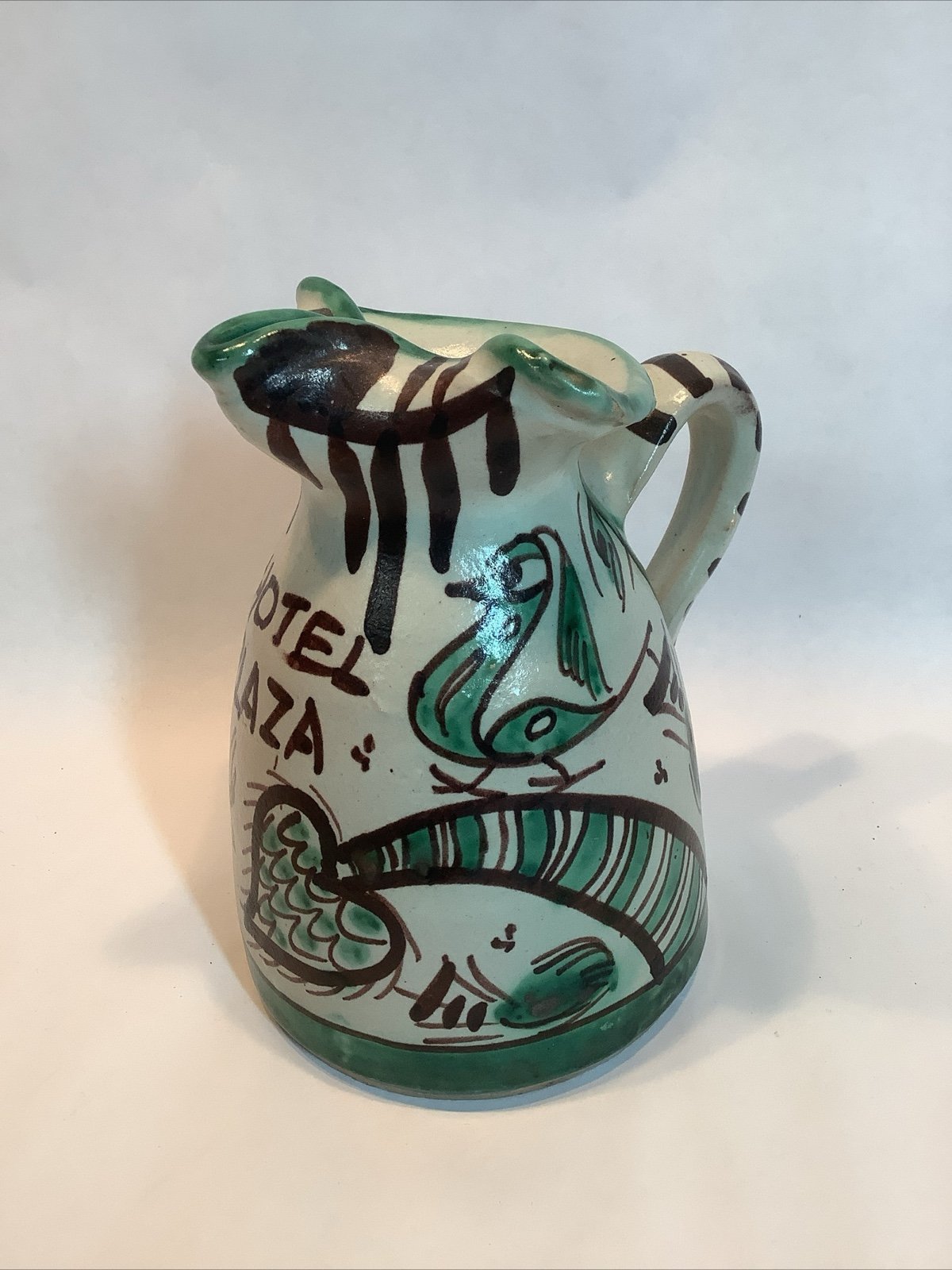 Vtg Domingo Punter Green Black Rooster Pitcher Quail Hand Painted 60’ Signed