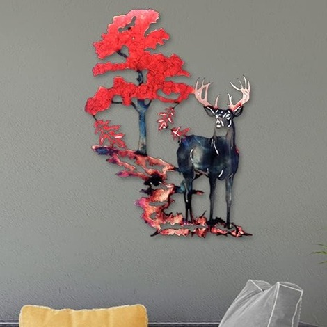 Forest Tree Deer Wall Art, Elk Craft Home Hanging Ornament Metal Rustic