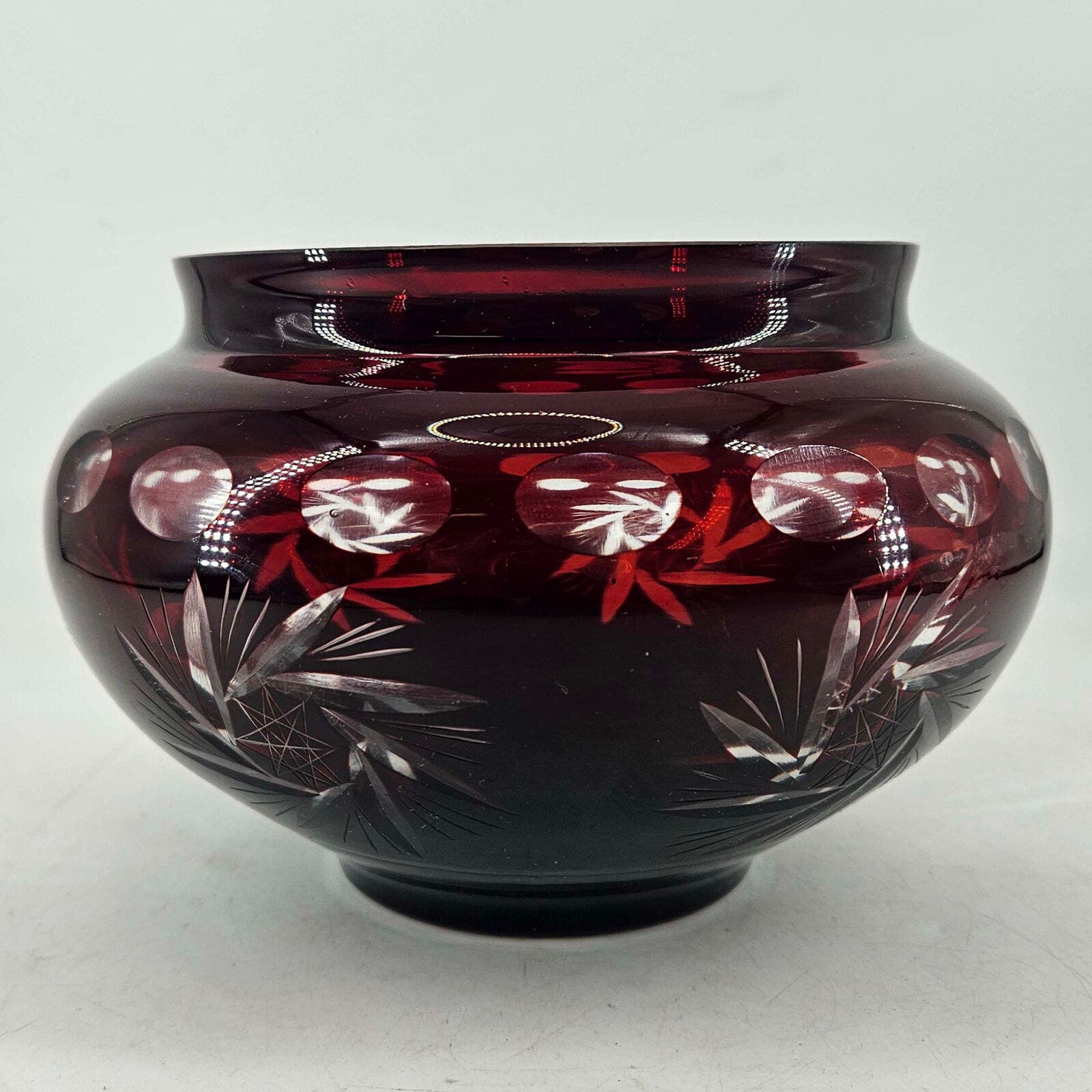 Vintage Bohemian Czech Ruby Cut to Clear dish bowl small vase