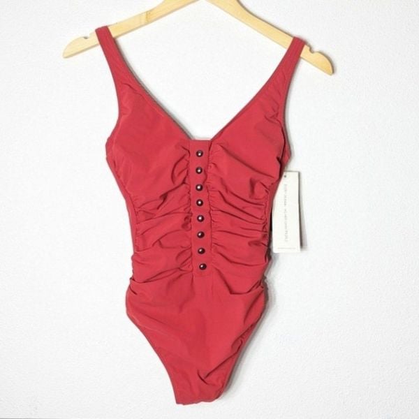 Gottex Red One Piece Swim Suit Ruched Studded Maillot size 6 NWT