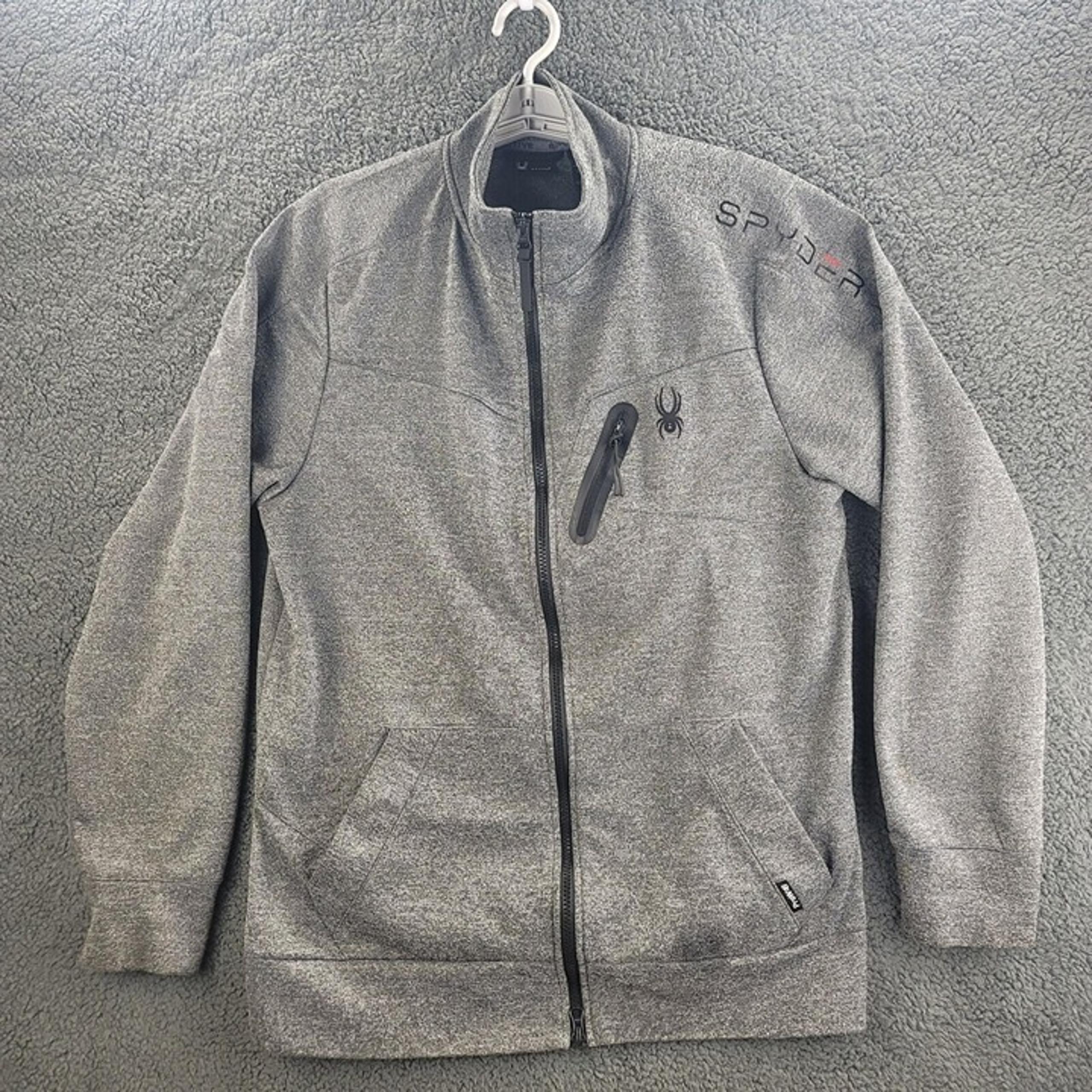 Spyder Active Jacket Charcoal Gray Mens Large Full Zip Pockets Spellout Sweater