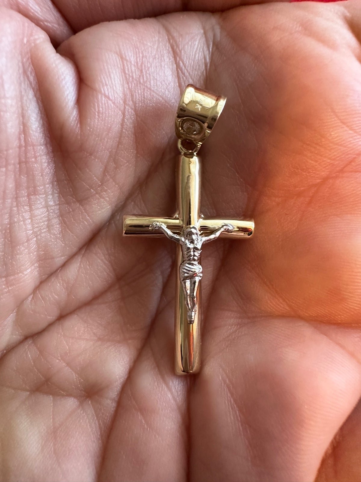 14k gold necklace CROSS -JESUS yellow white %100 gold 2.15gr14k