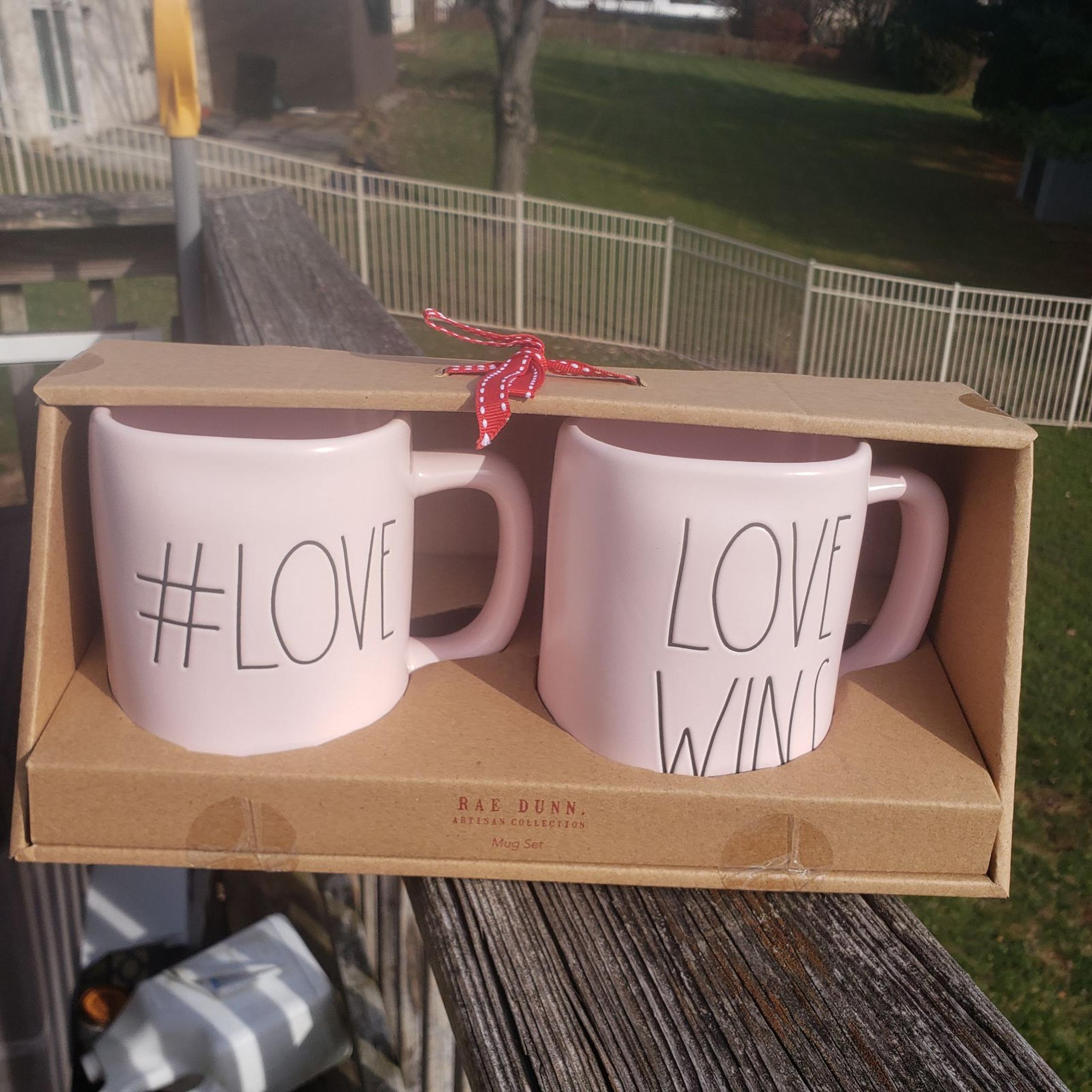 Rae Dunn Coffee Mug #LOVE - LOVE WINS Pink Ceramic Coffee Tea Mugs Set of 2 New