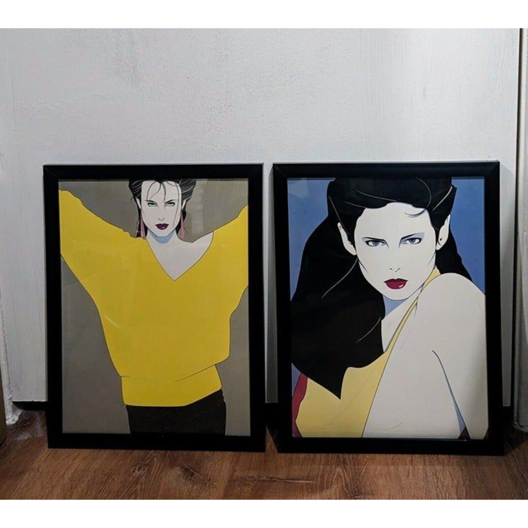 Patrick Nagel Framed Art Prints Bookplate of Women 1980s 1985 two Posters 9x12