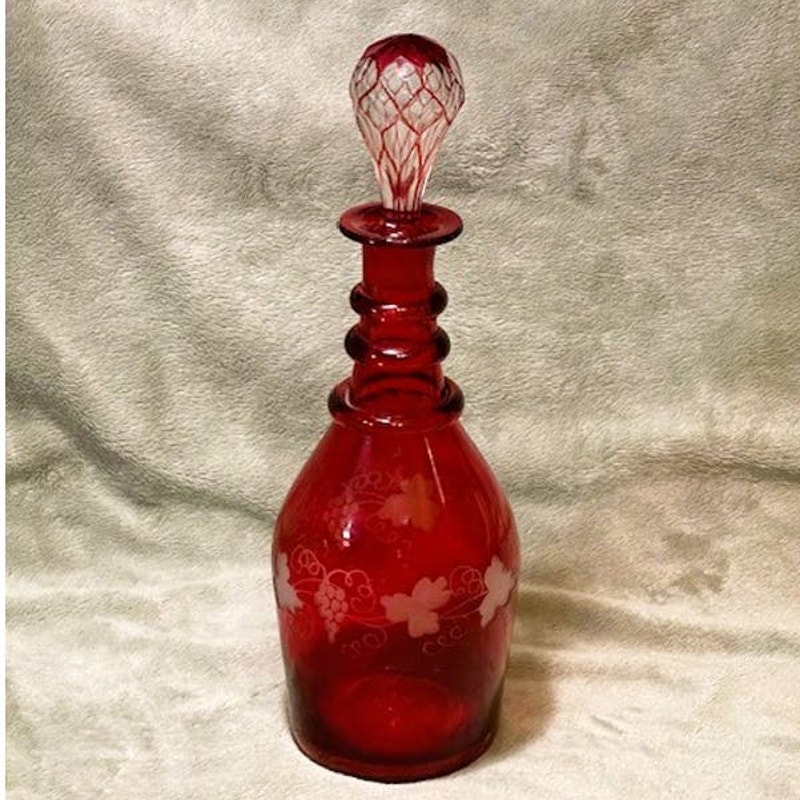 Vintage 19th Century Handblown Etched Grapes Ruby Glass Decanter W/Cut Stopper