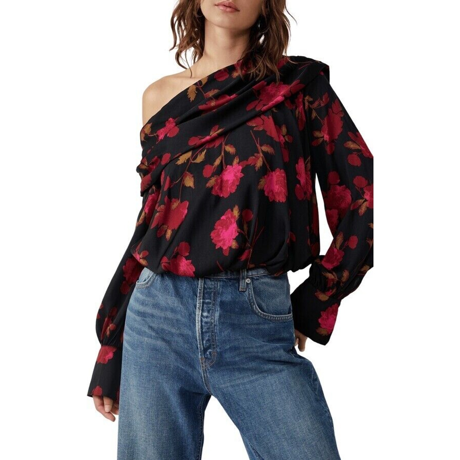 Free People NWT Women's Potter Print One-Shoulder Top Black Red Size M