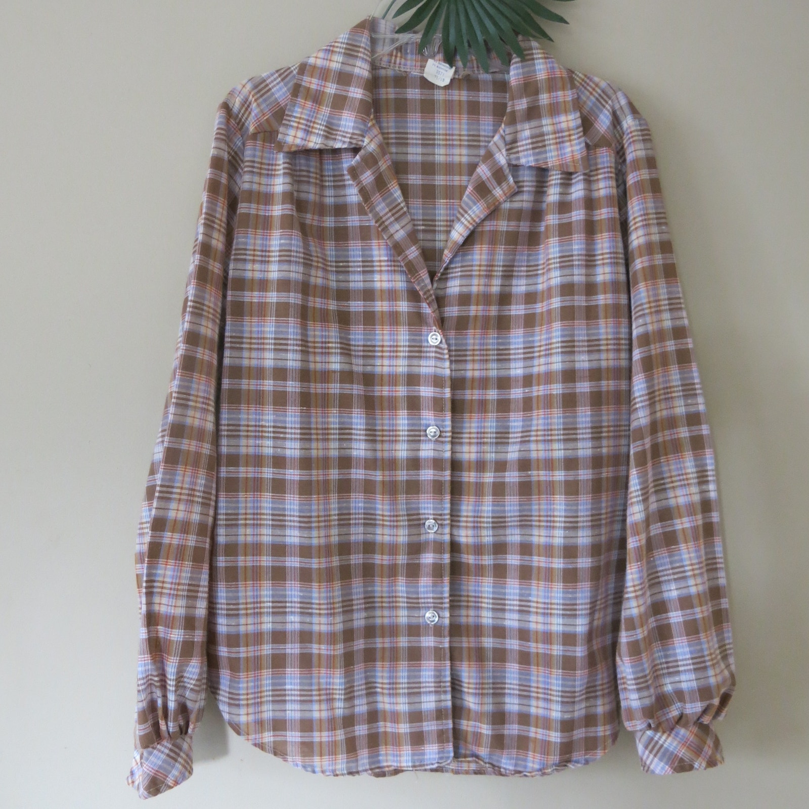 VINTAGE 1970's Button Down Shirt Size 11/12 Plaid Western Brown/Multicolor