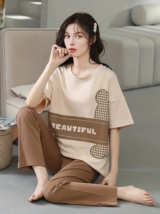 Letter Print Lounge Set, Short Sleeve Crew Neck Top & Elastic Waistband Pants, W