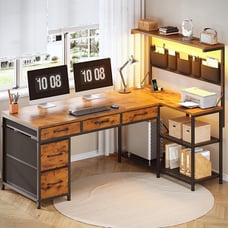 L Shaped Office Desk, Reversible Computer Desk with 5 Drawers & Storage Shelves