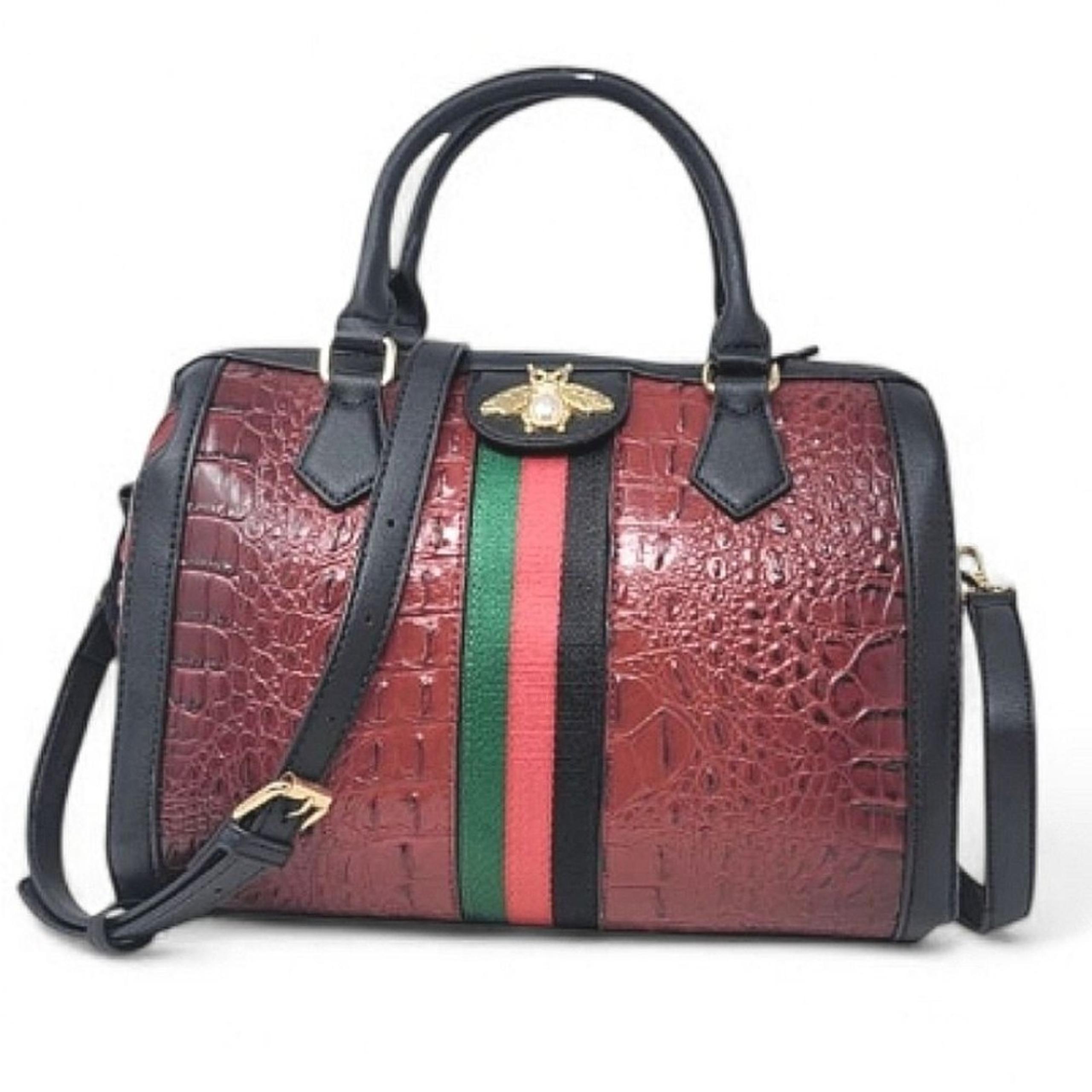 Dark Red Faux Croc Large Bee striped  Boston Bag