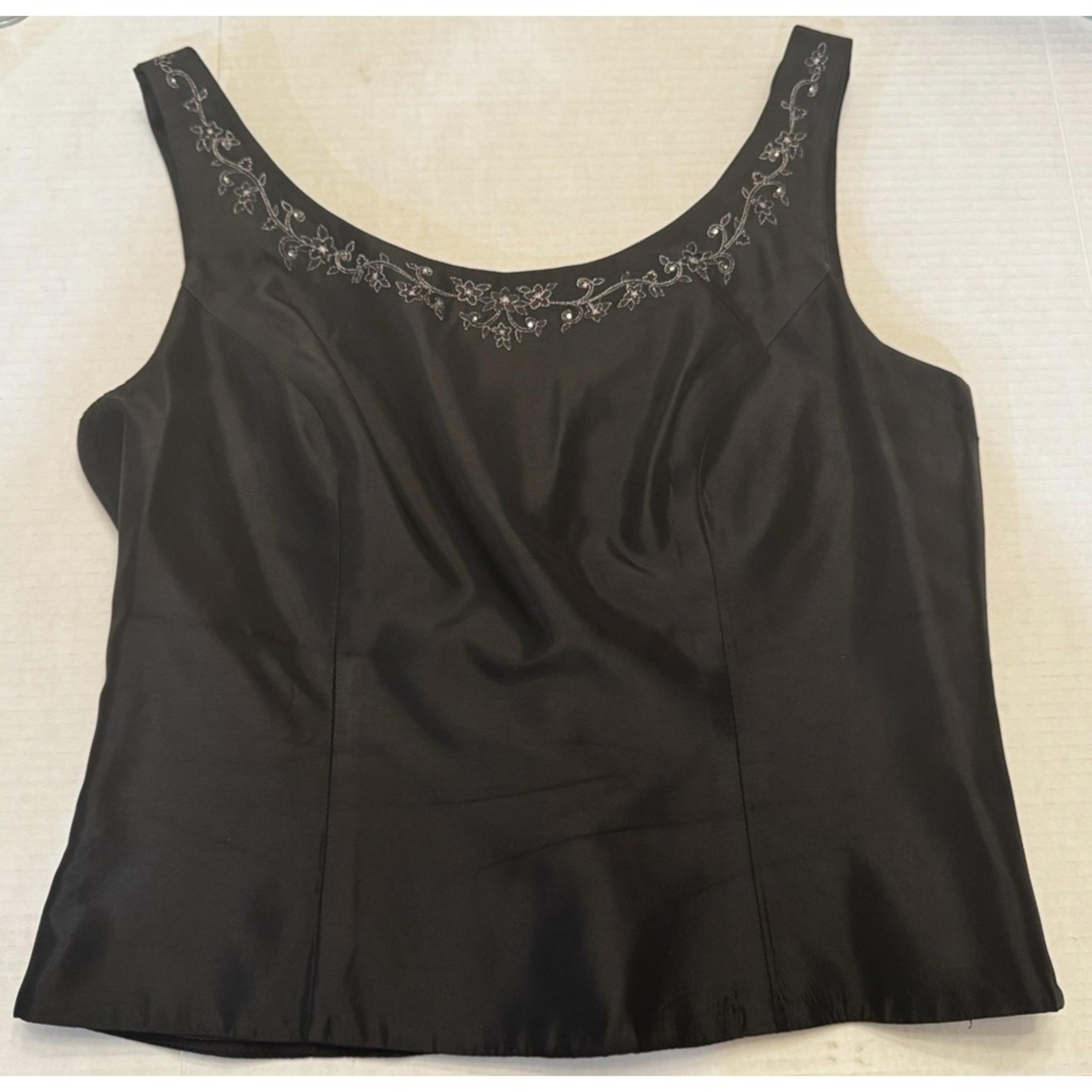 Vintage 90s Y2K Evening Blouse Black Embroidered Formal Satin Sexy V Back