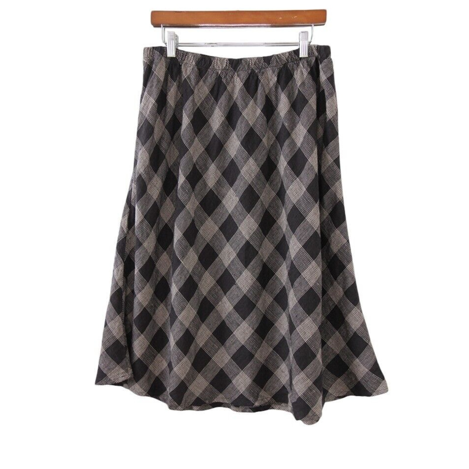 FLAX Skirt Large Plaid Linen Midi All Around Gatsby Elastic Waist NWT Gray Black