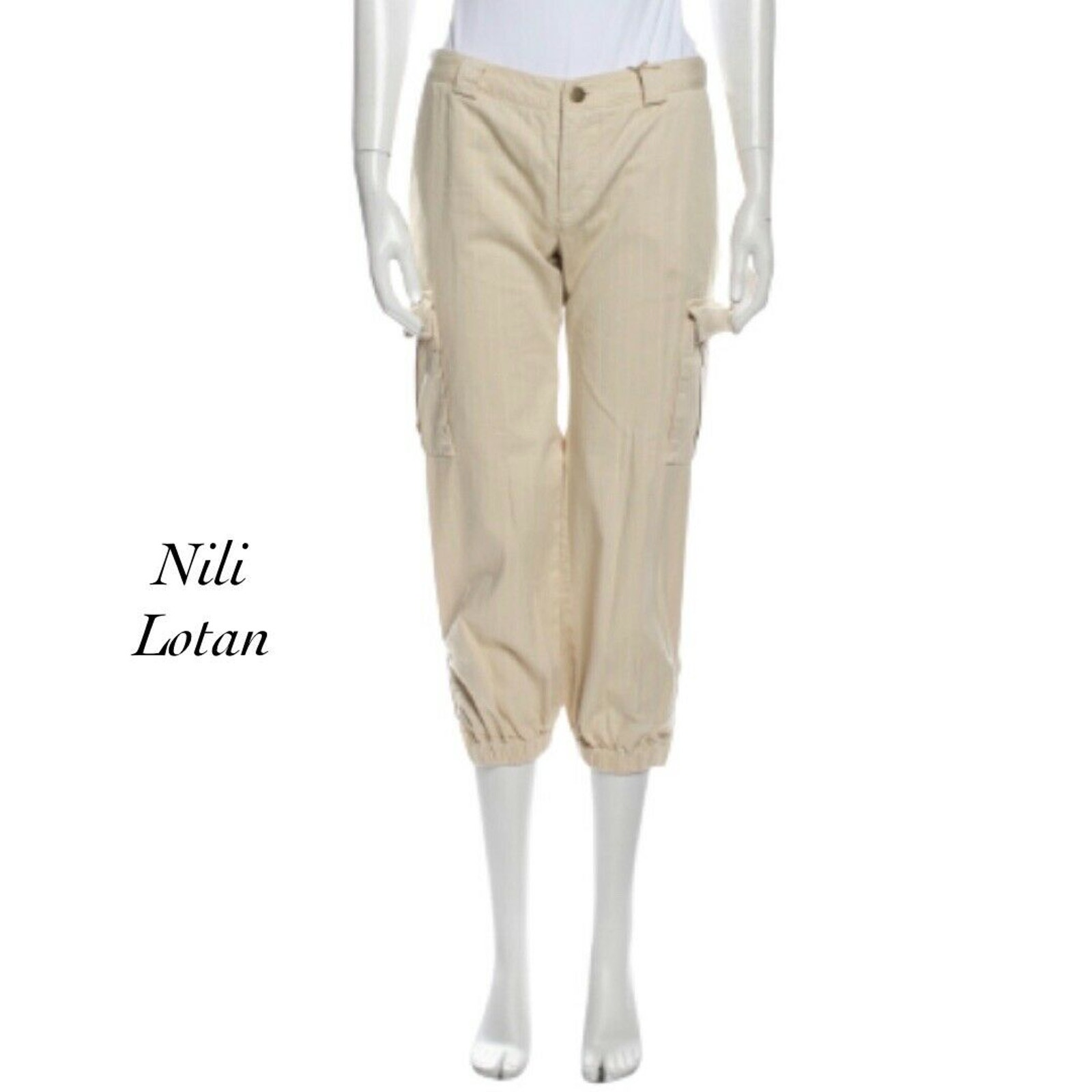 Nili Lotan Cream Striped Zipper Cuff Oversized Side Pocket Cargo Pant NWT Size 2