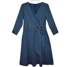 Lafayette 148 Penelope Striped Midi Dress Size 8 Womens Blue Tie Waist V Neck