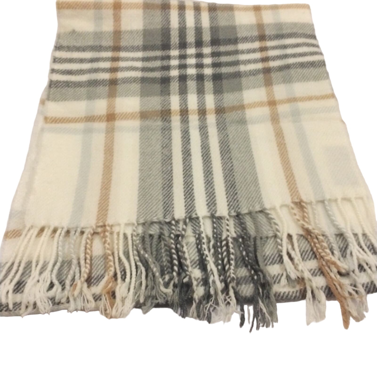 White Nova Check Plaid Scarf 66 Fringed Acrylic Material Soft Luxury