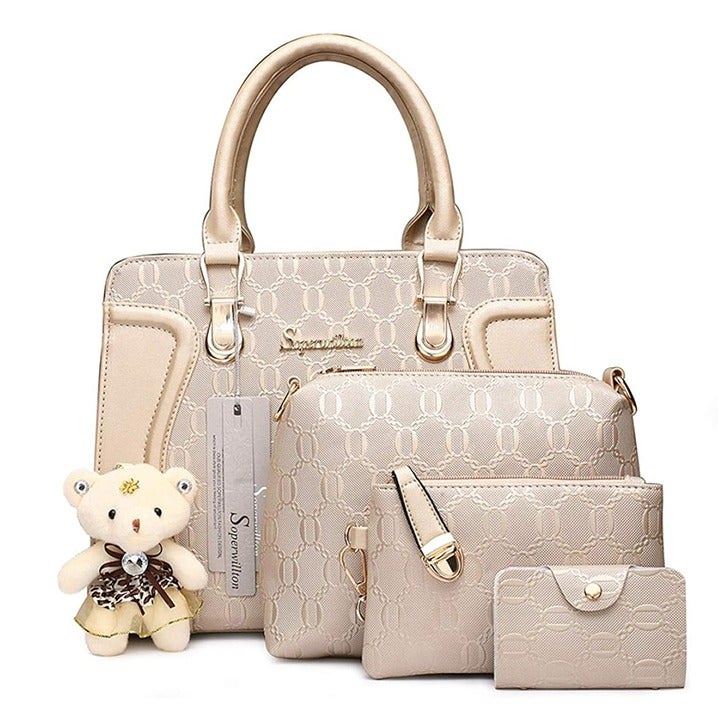 NEW 4Pcs Set of Women's Handbags Tote Shoulder Messenger Bag Purse Clutch (Gold