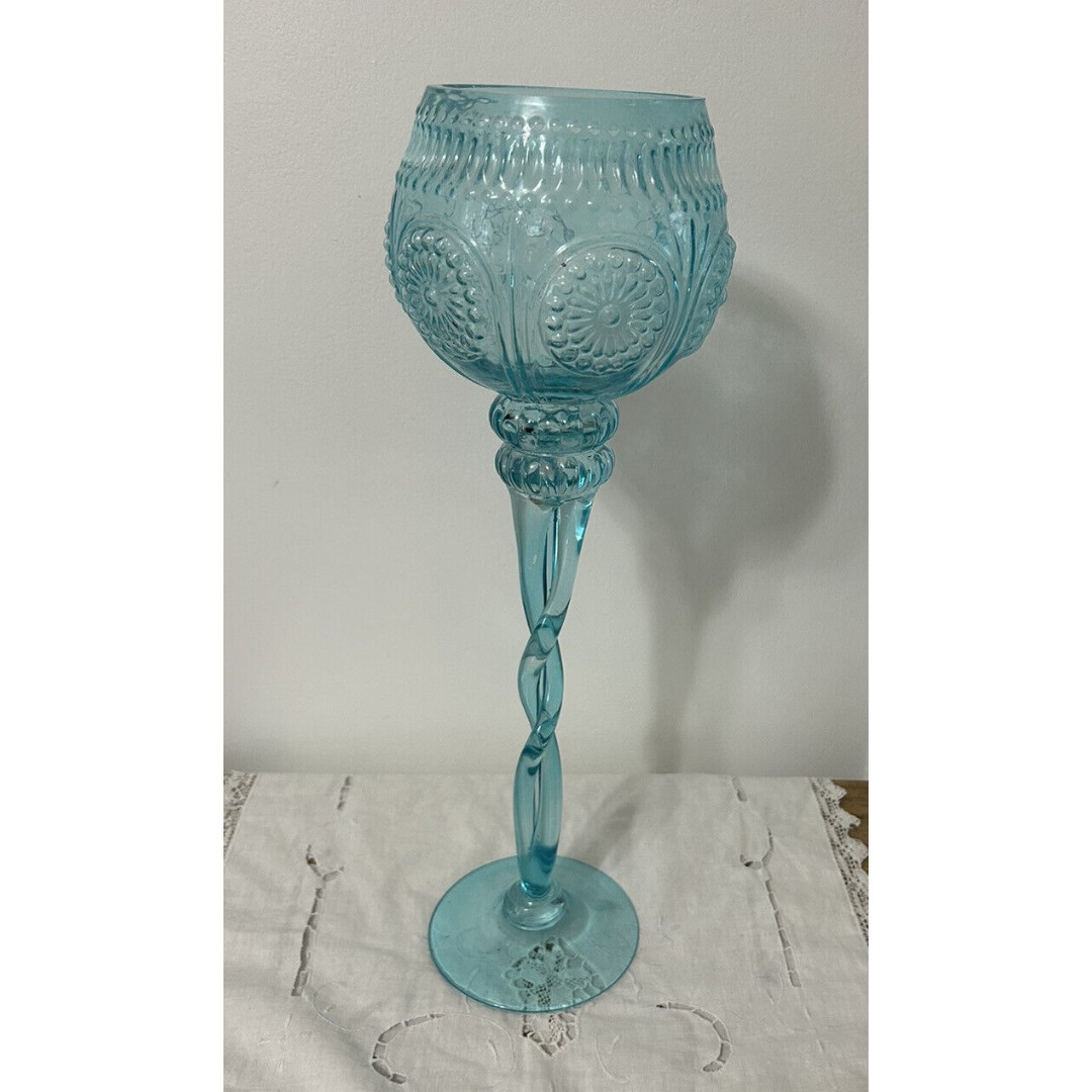 Vintage Italian Blue Glass Vase Empoli Italy Adeline Twisted Stem Tall 16 In